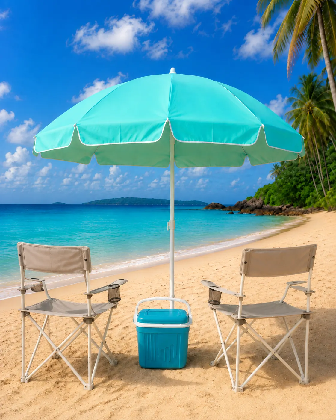 Pack Confort Duo avec deux chaises XL beige, un parasol turquoise et une glacière bleue sur une plage tropicale